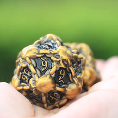 DNDWoW skull D20 with chains resting on tabletop for dramatic RPG moments.