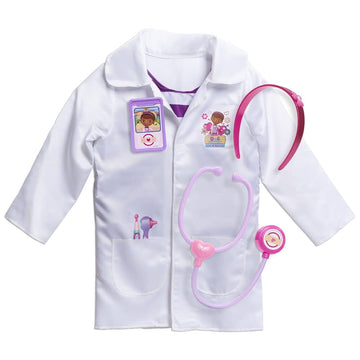 Doc McStuffins lab coat close-up highlights interchangeable name badge for personalized pretend doctor scenes