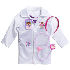 Doc McStuffins lab coat close-up highlights interchangeable name badge for personalized pretend doctor scenes
