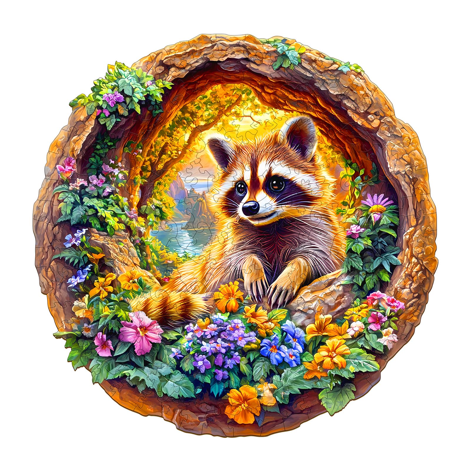 DOCRAGI raccoon on vacation puzzle cover for mindful relaxation and weekend challenge.