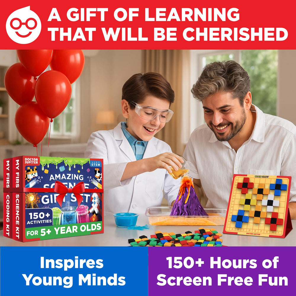 Unboxing the gift set reveals two complete kits and a storybook for family science fun.