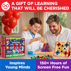 Unboxing the gift set reveals two complete kits and a storybook for family science fun.