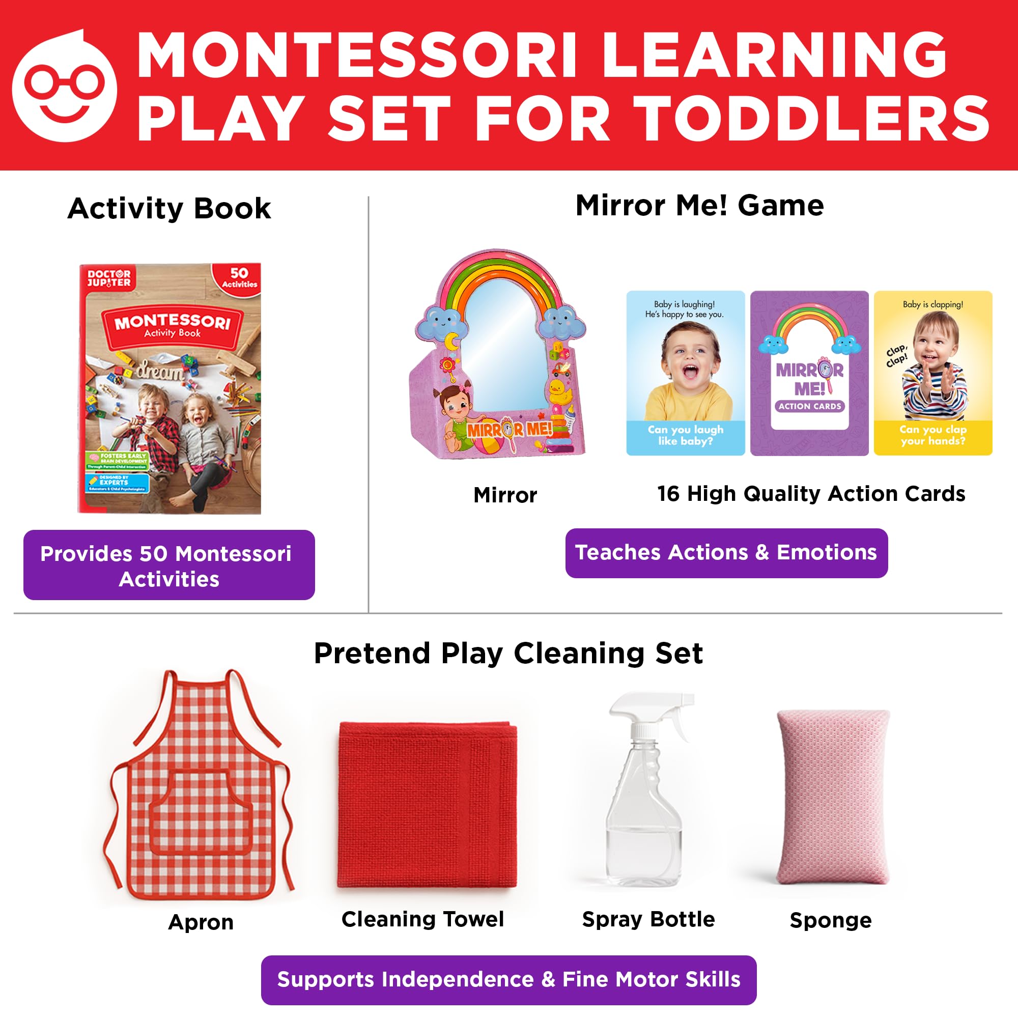 Doctor Jupiter Cleaning Set helps toddlers practice practical life skills in play.