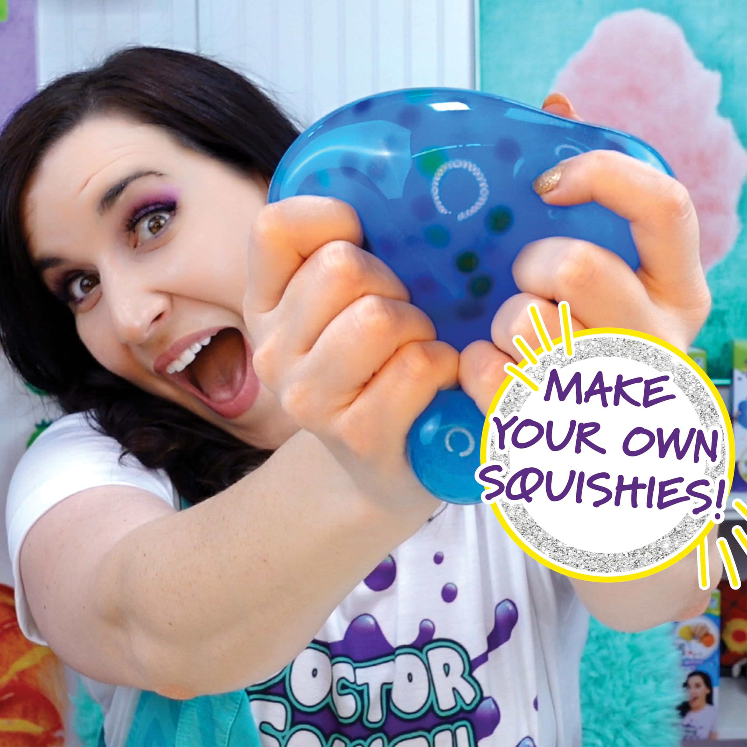 Doctor Squish glitter station showing confetti decorating for vibrant squishies.