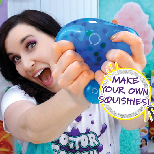 Doctor Squish glitter station showing confetti decorating for vibrant squishies.