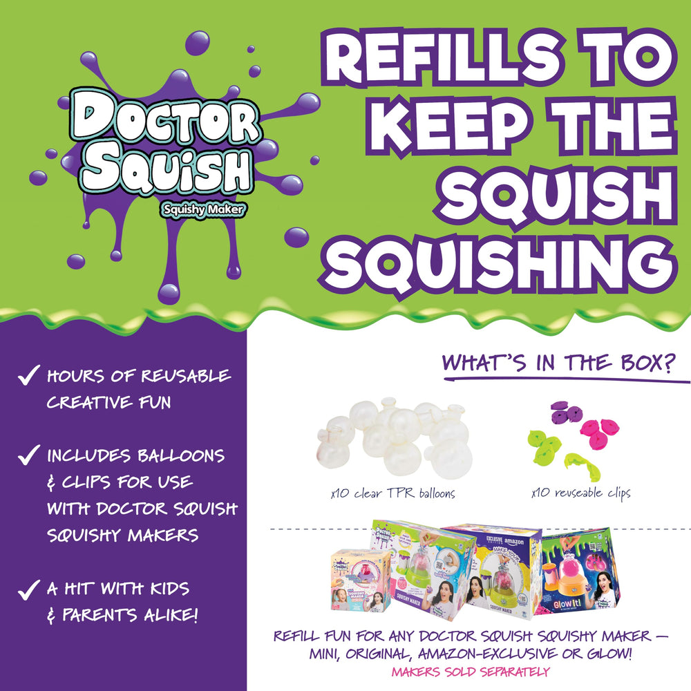 Ten reusable clips included to secure finished squishies.