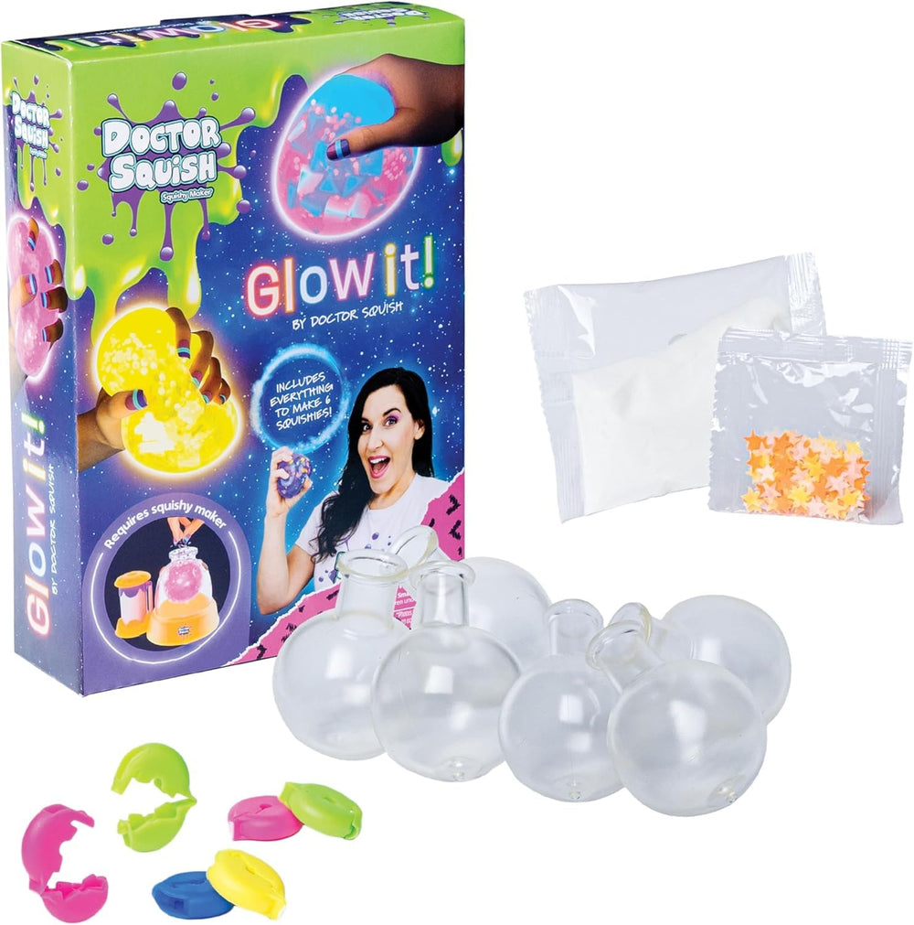 Doctor Squish neon refill pack with glow-ready components for vibrant night-time squishies