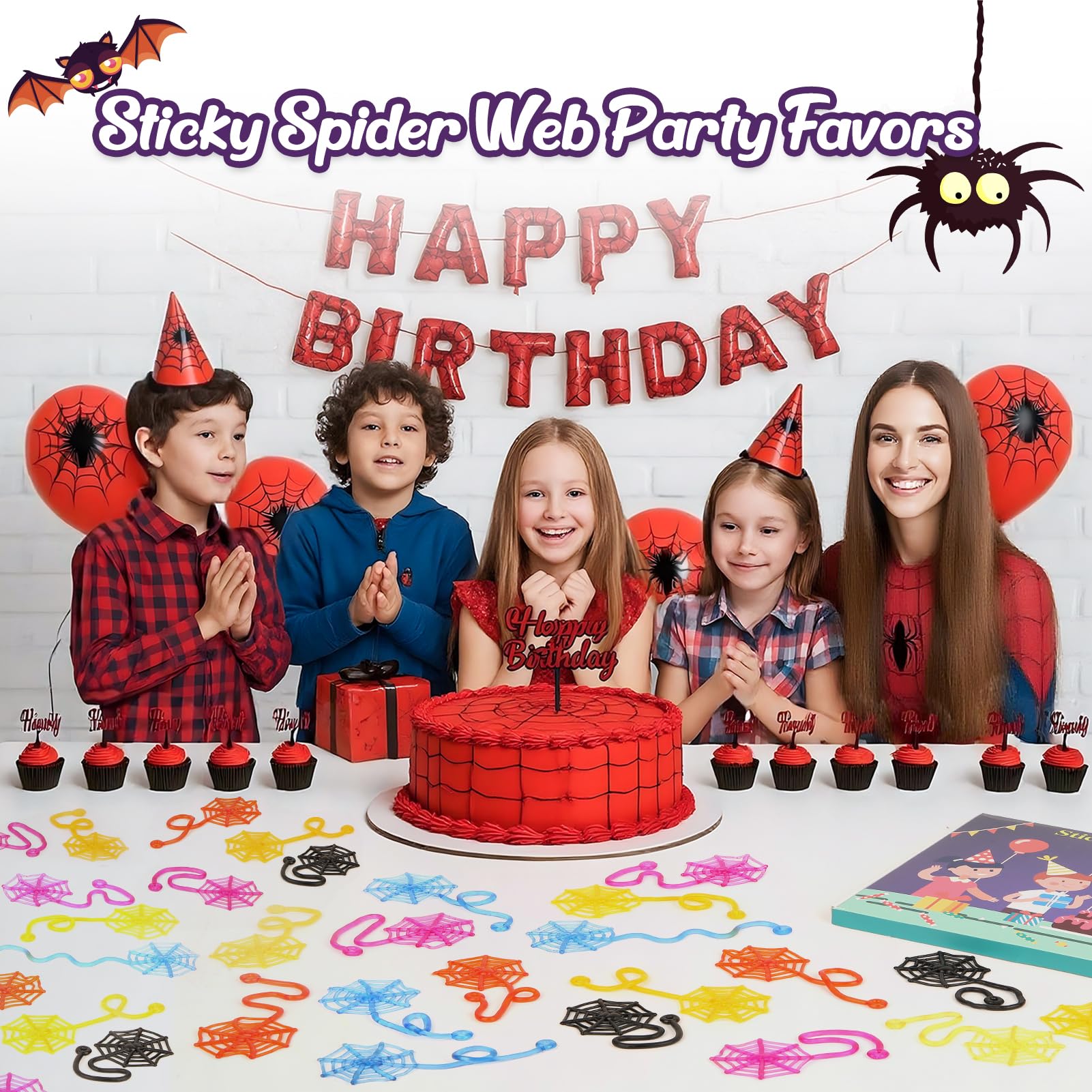 DODOLOL spider web sticky hands colorful assortment for Halloween decorations and treat fillers.