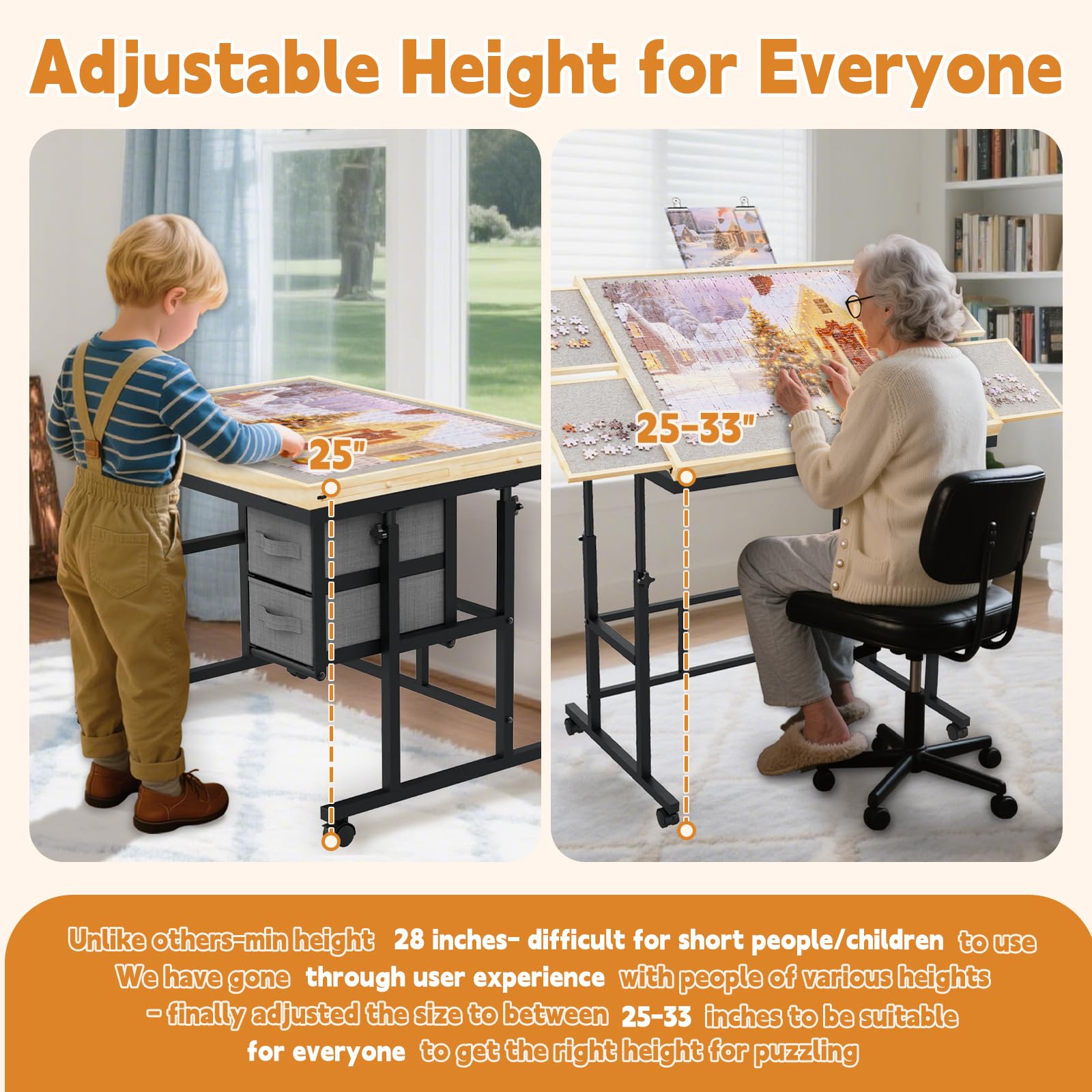 Doerpuz puzzle table in gray wood finish blends with home decor.