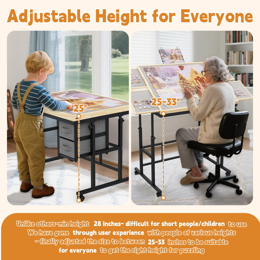 Doerpuz puzzle table in gray wood finish blends with home decor.