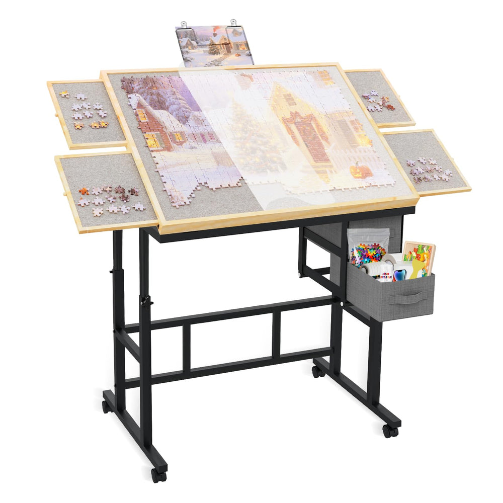 Doerpuz puzzle table with drawers and side pocket keeps pieces organized nearby.