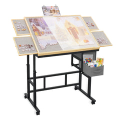 Doerpuz puzzle table with drawers and side pocket keeps pieces organized nearby.