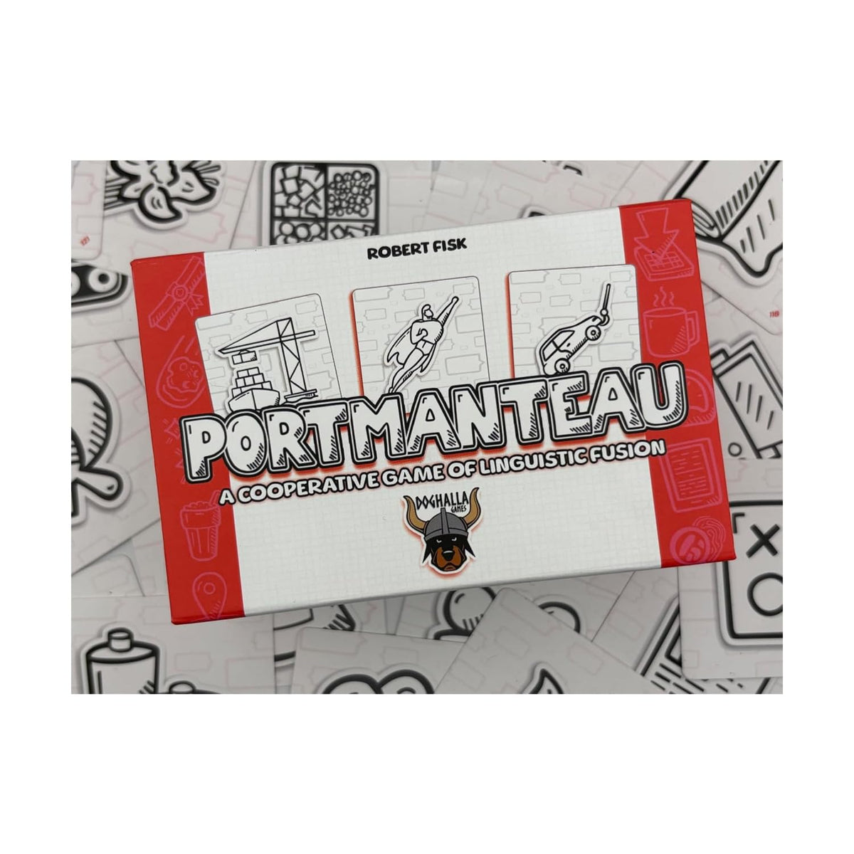 Doghalla Games Portmanteau game box on a table for family game night.