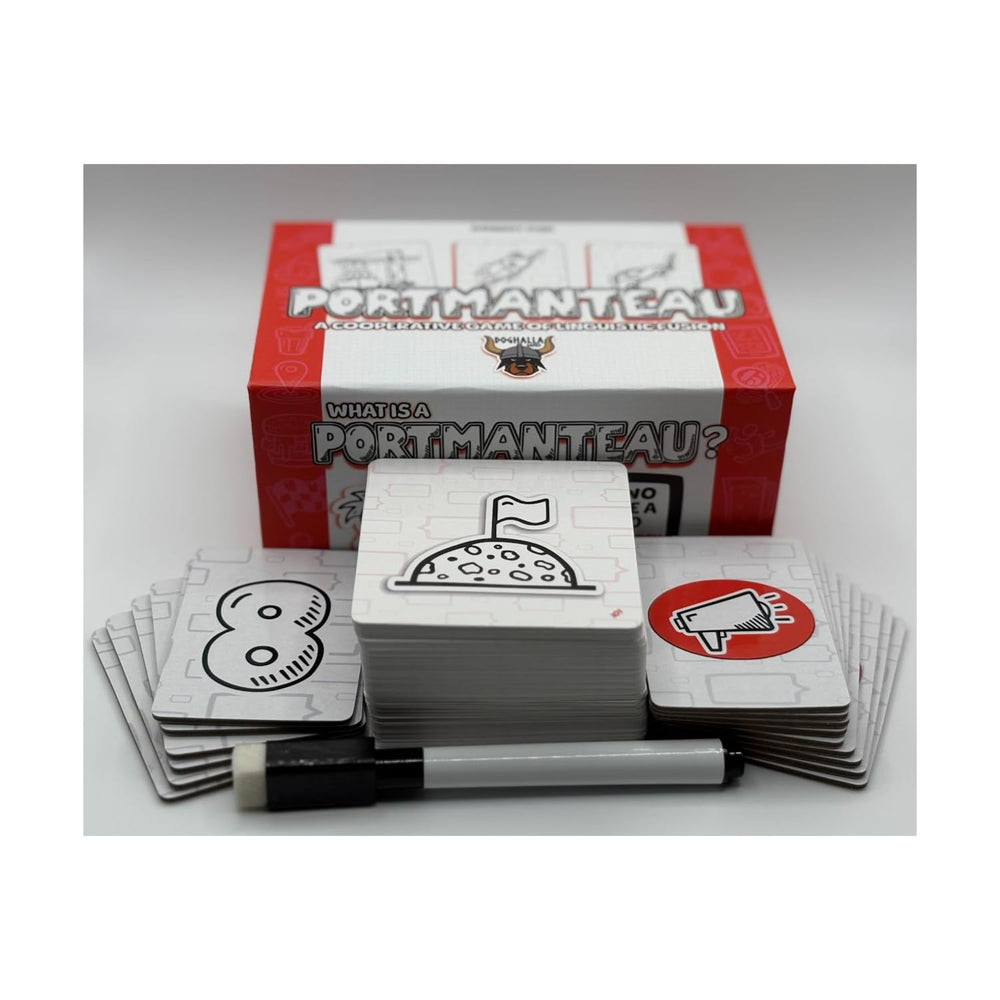 Doghalla Games Portmanteau players around a table solving images with creative endings.