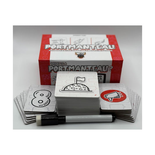 Doghalla Games Portmanteau players around a table solving images with creative endings.