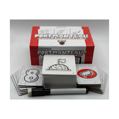Doghalla Games Portmanteau players around a table solving images with creative endings.