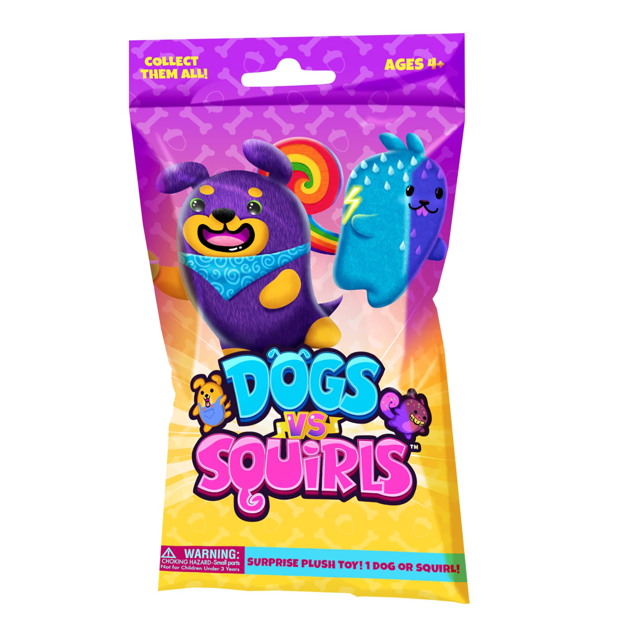 Dogs vs Squirls mystery bag plush dog, soft cuddle toy for stress relief and play.
