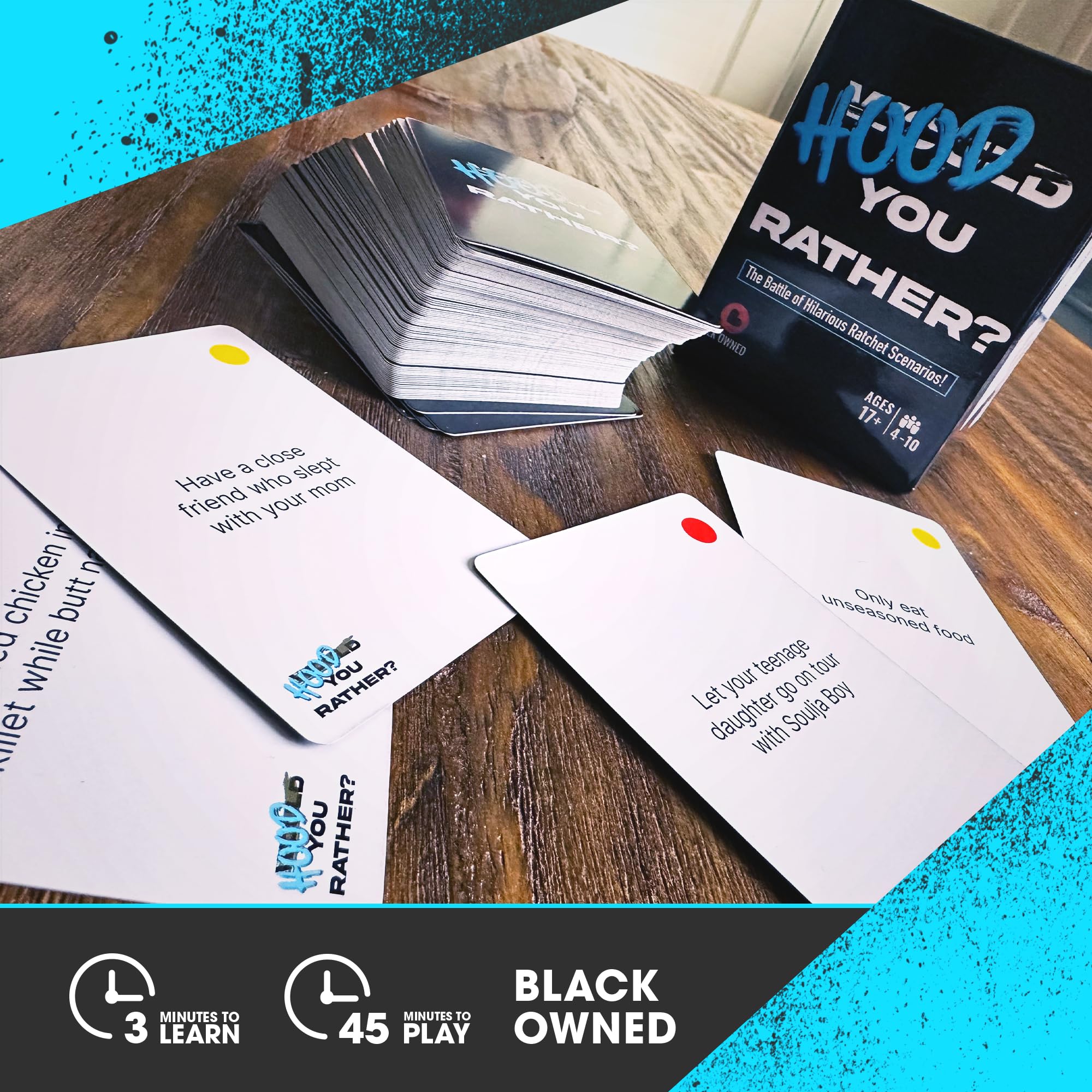 Doin' The Most Hood You Rather card deck fanned for quick, accessible game setup.