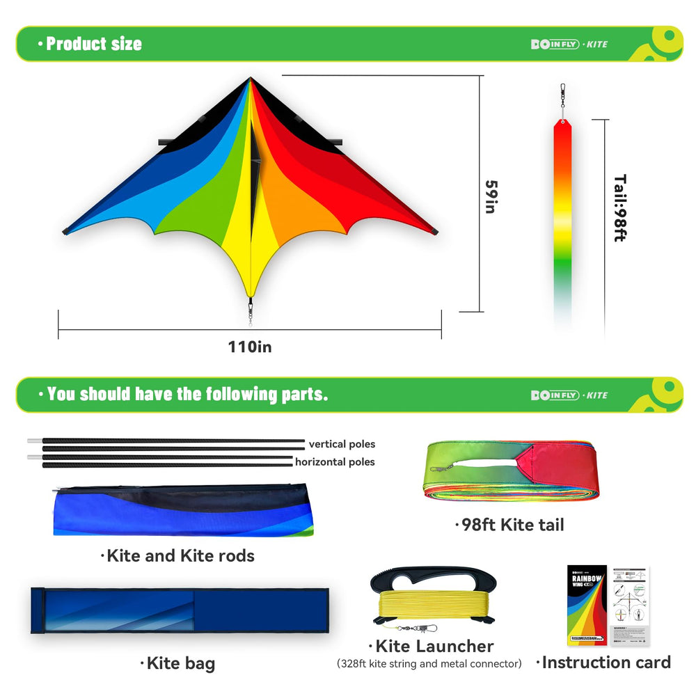 Doinfly rainbow delta kite in the sky with vibrant printing.