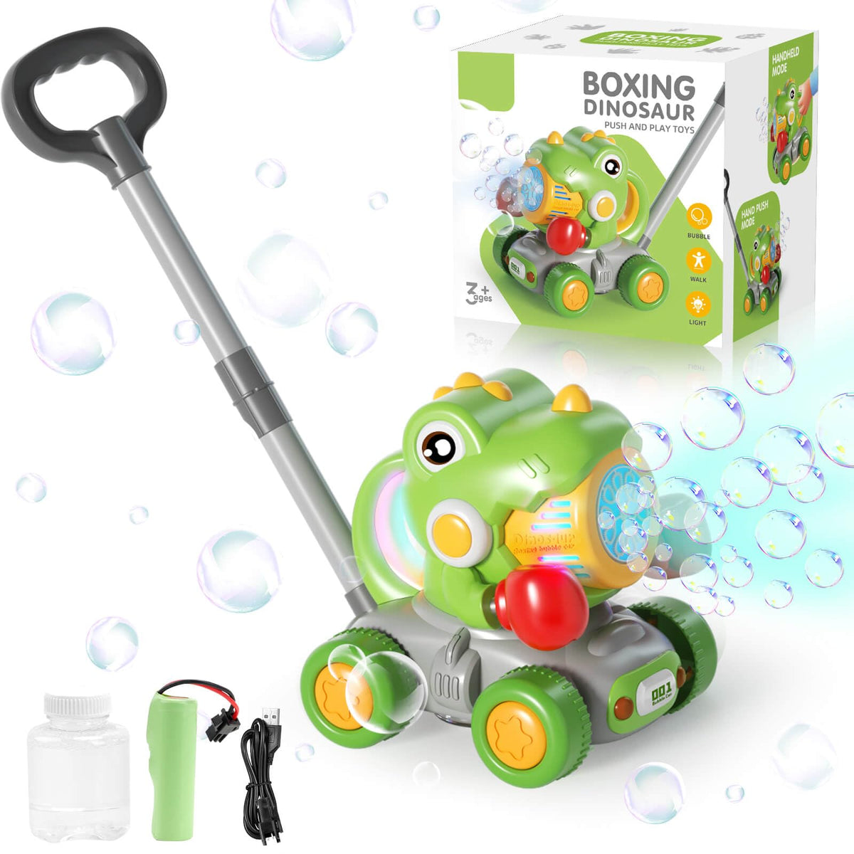 Dolanus dinosaur boxing bubble machine in action for outdoor play.
