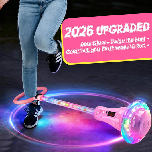 Dolanus skip toy 7-color glow on rod and wheel enhances nighttime play.