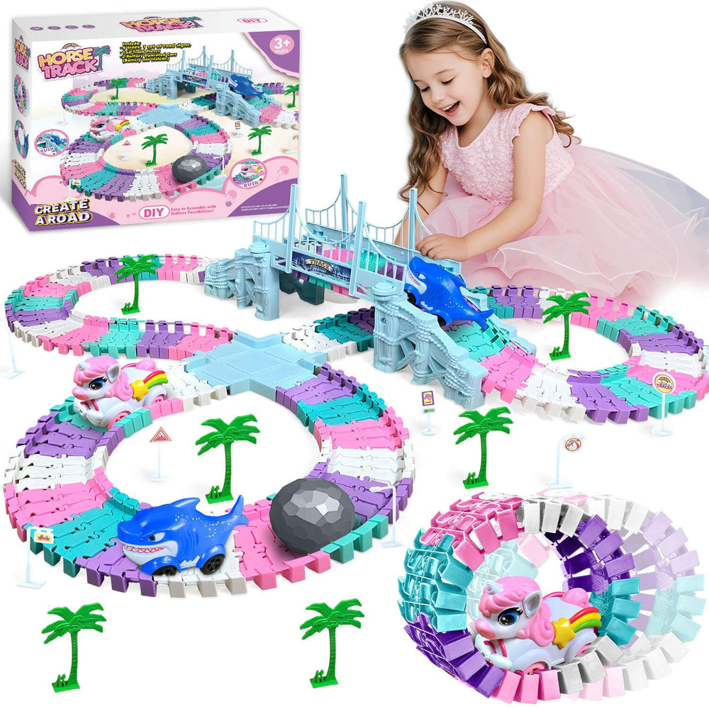 Dolanus Unicorn Race Tracks arc layout boosts imaginative play and fine motor skills.