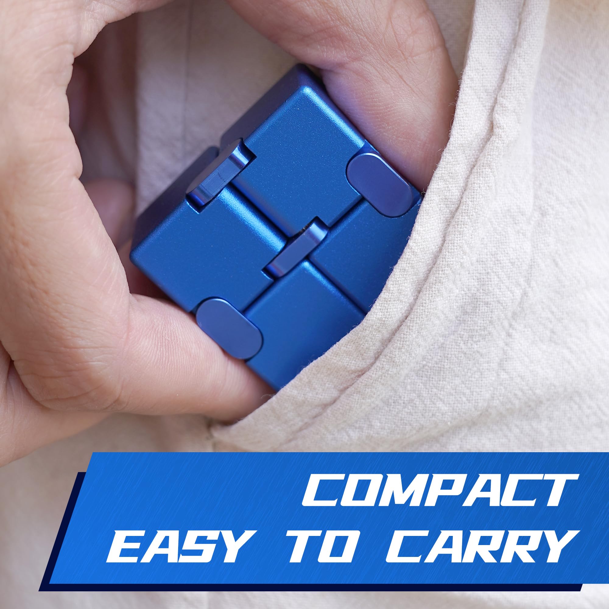 Close-up of Dolasev Infinity Cube blue showing CNC precision and smooth edges.