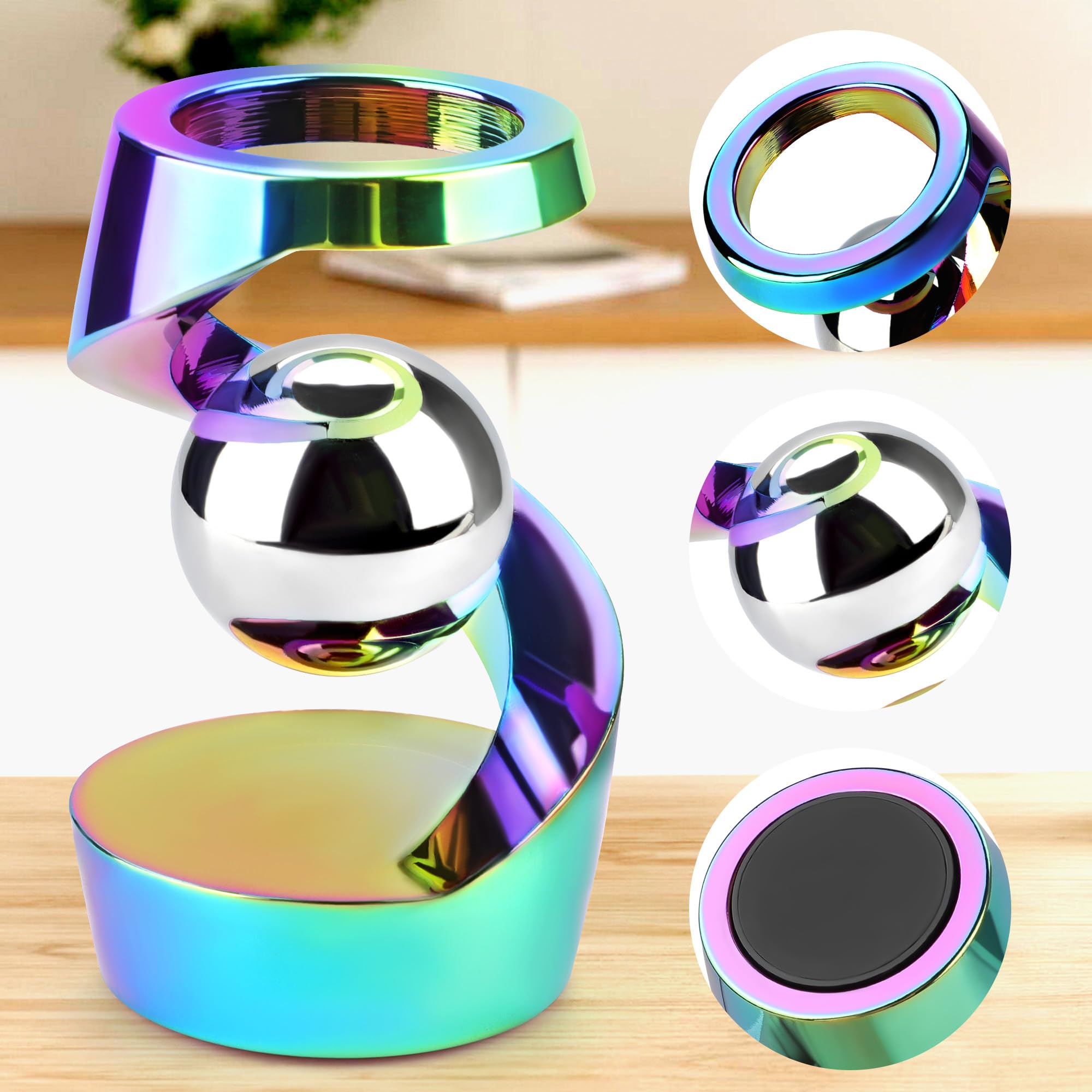 DOLASEV kinetic desk toy closeup rainbow finish highlights premium aluminum.