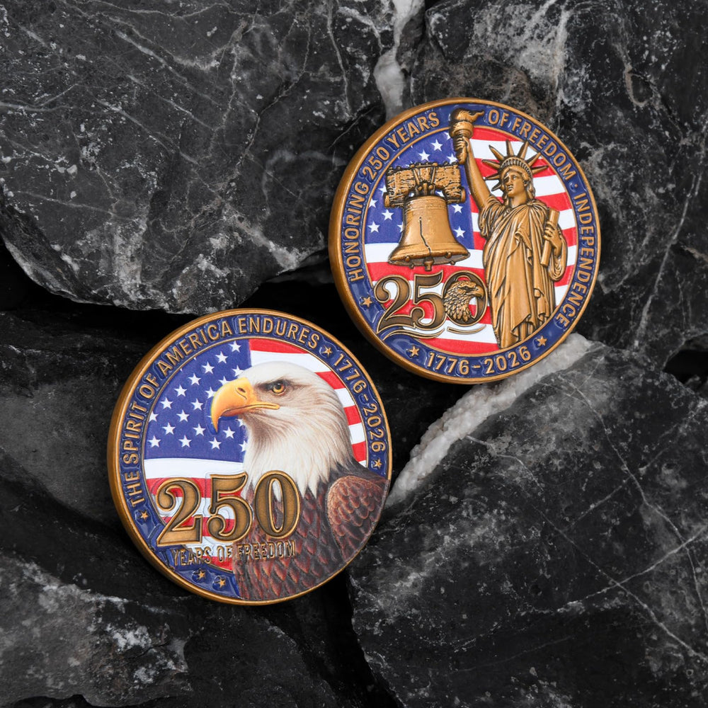 Dolihan 250th coin close-up shows eagle feathers with vivid color, enhancing display