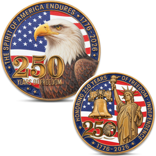 Dolihan 250th coin front shows eagle and flag for lasting patriotic keepsake