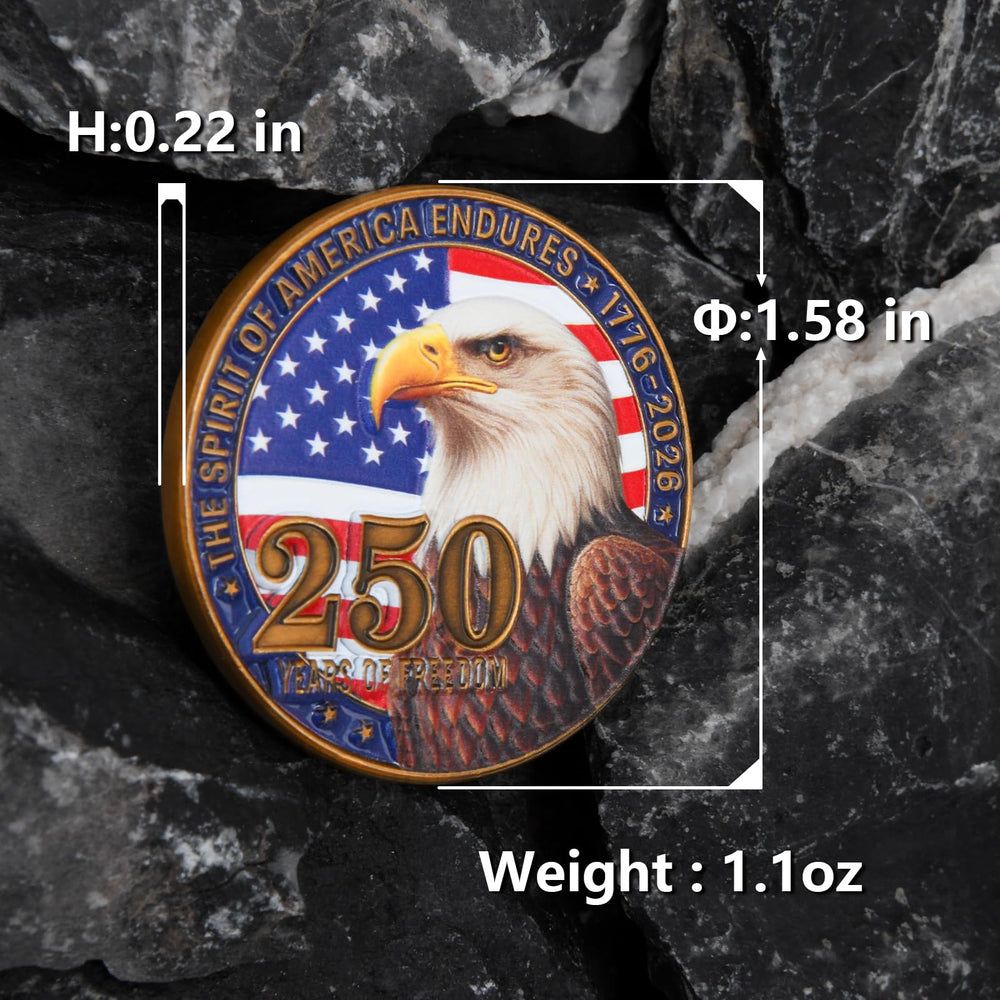 Dolihan 250th coin reverse features Liberty Bell and Statue of Liberty symbolizing freedom and history