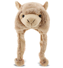 DolliBu Brown Llama plush hat front view; playful warmth for kids.