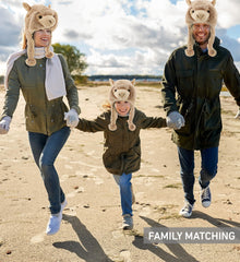DolliBu Brown Llama plush hat on child; demonstrates warm, all-day wearability.