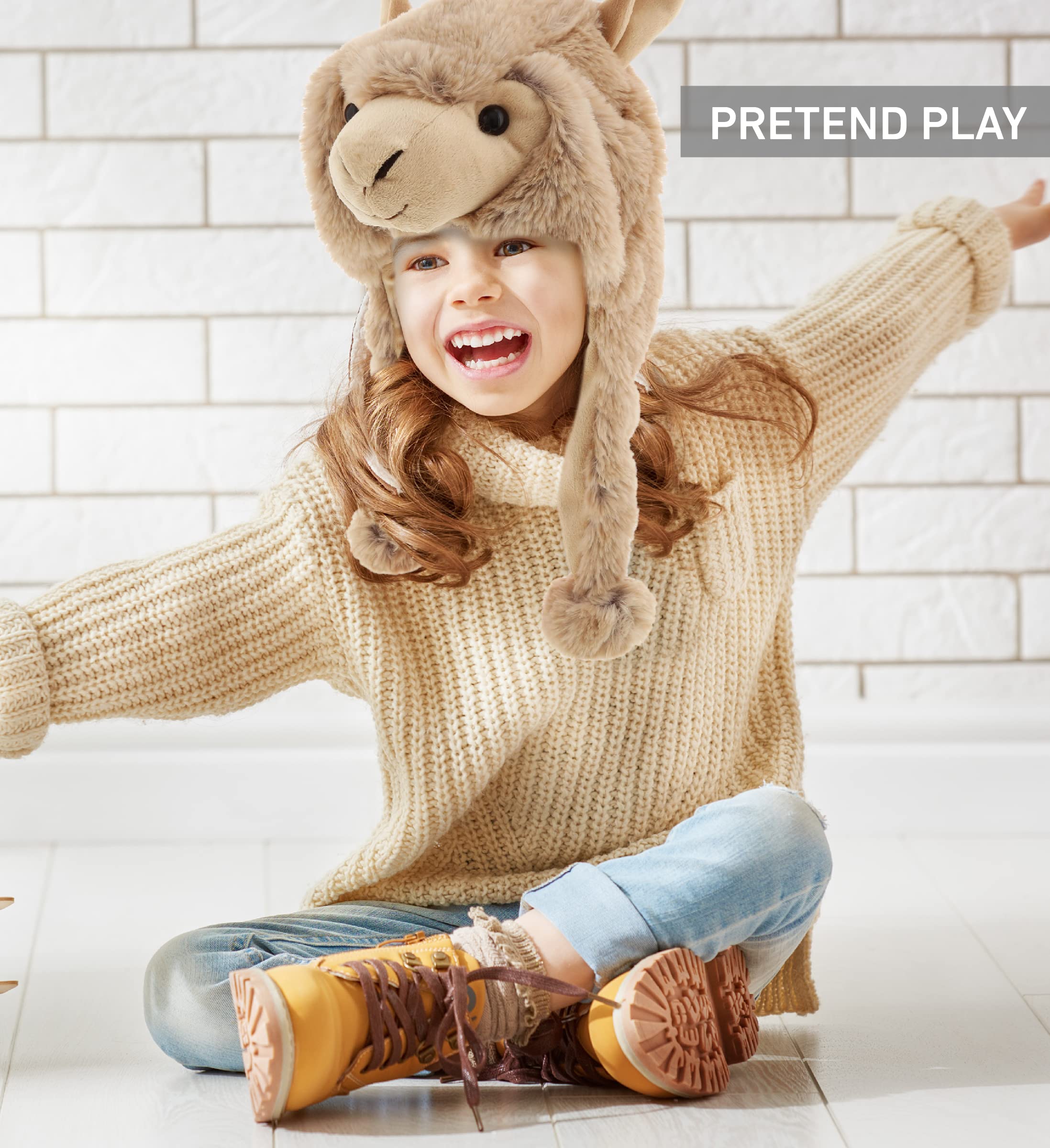 DolliBu Brown Llama plush hat packaged; durable winter accessory for gifting.