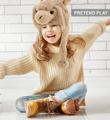 DolliBu Brown Llama plush hat packaged; durable winter accessory for gifting.