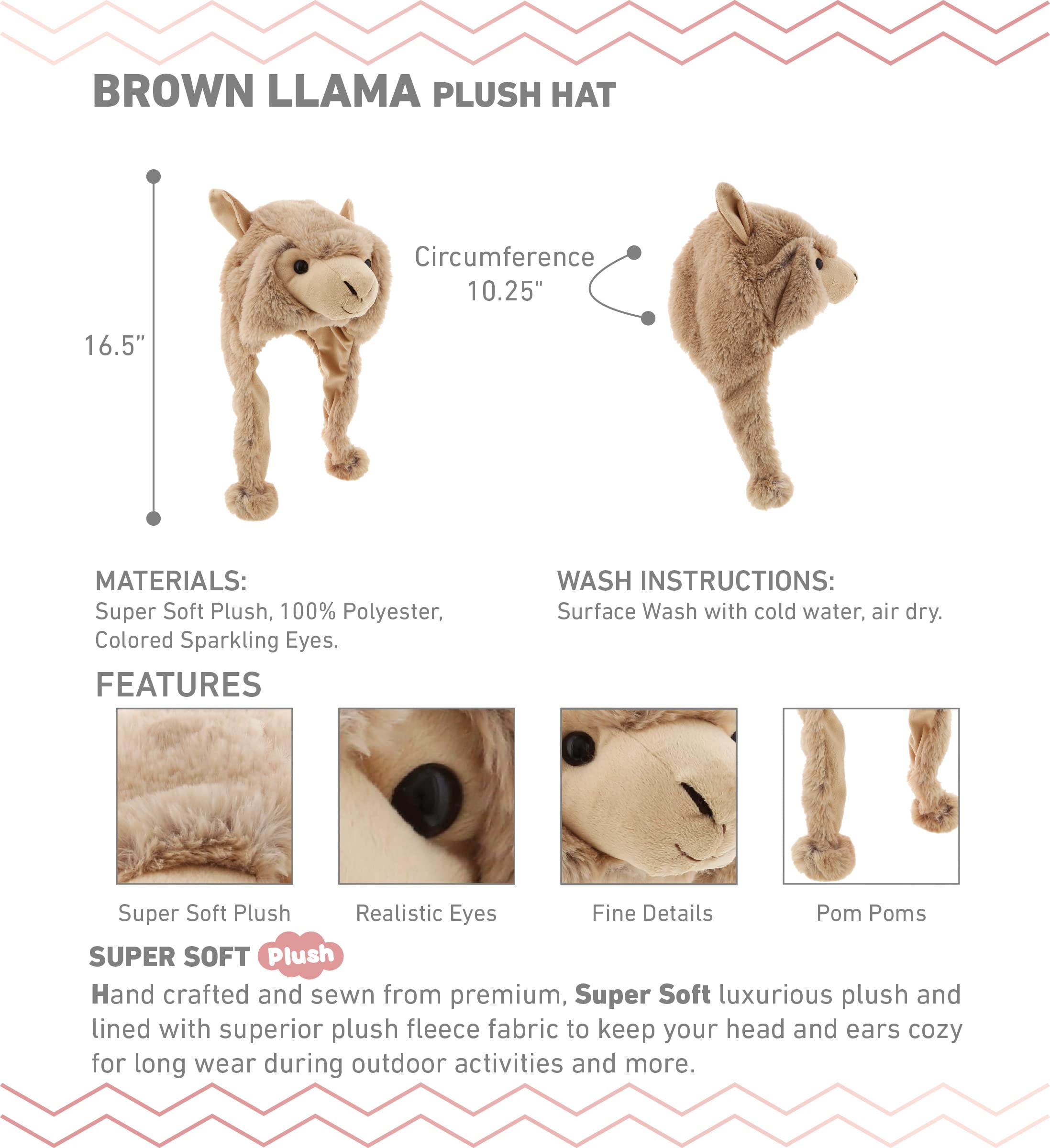 DolliBu Brown Llama plush hat side view; movable ears for extra fun.