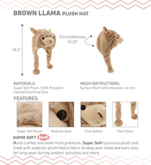 DolliBu Brown Llama plush hat side view; movable ears for extra fun.