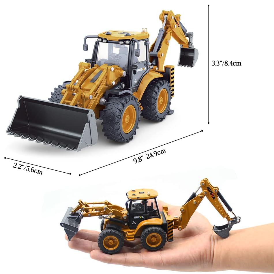 Dollox excavator backhoe detailed metal model from the side for realistic collection.