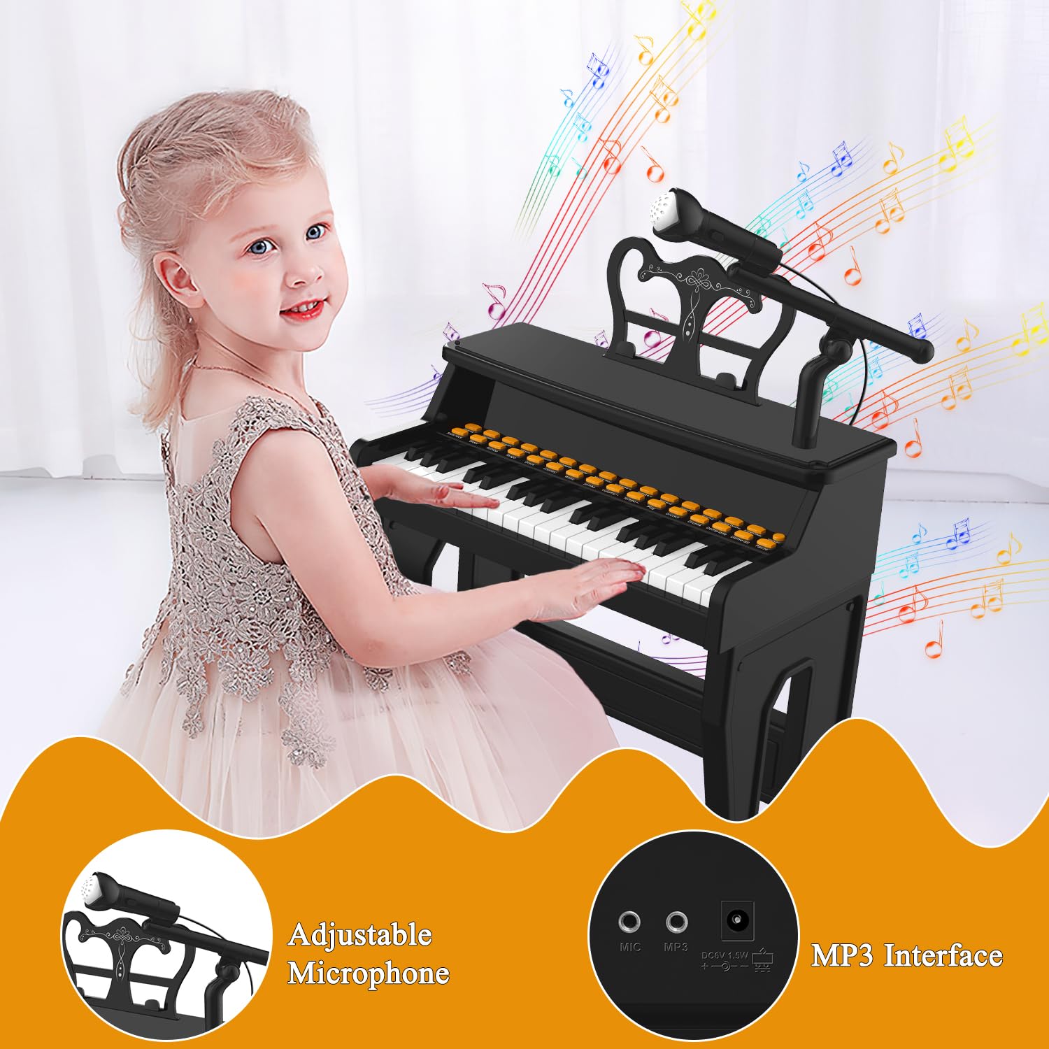 Dollox keyboard connects to MP3 devices for expanded learning.