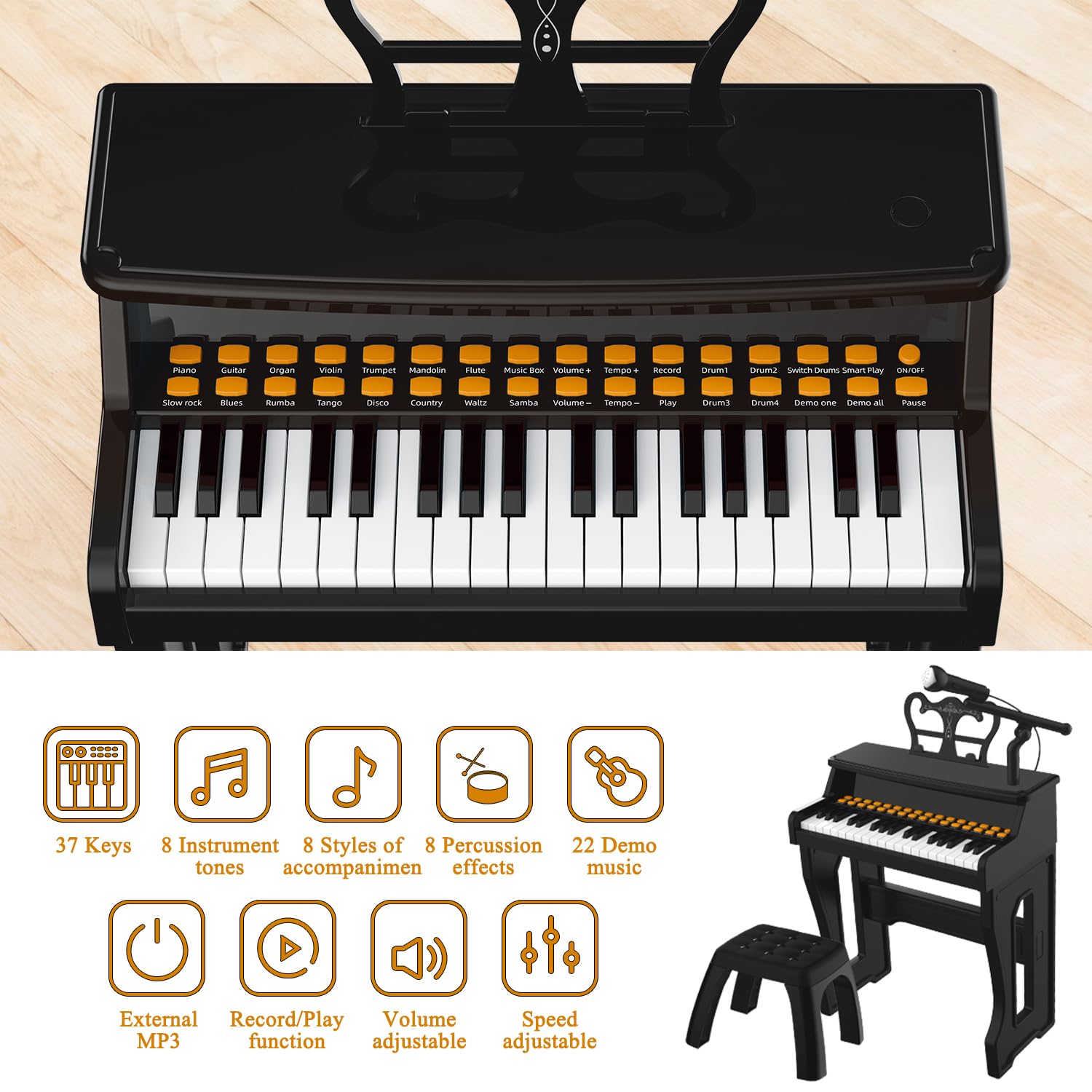 Dollox toddler piano with stool included for comfortable practice.