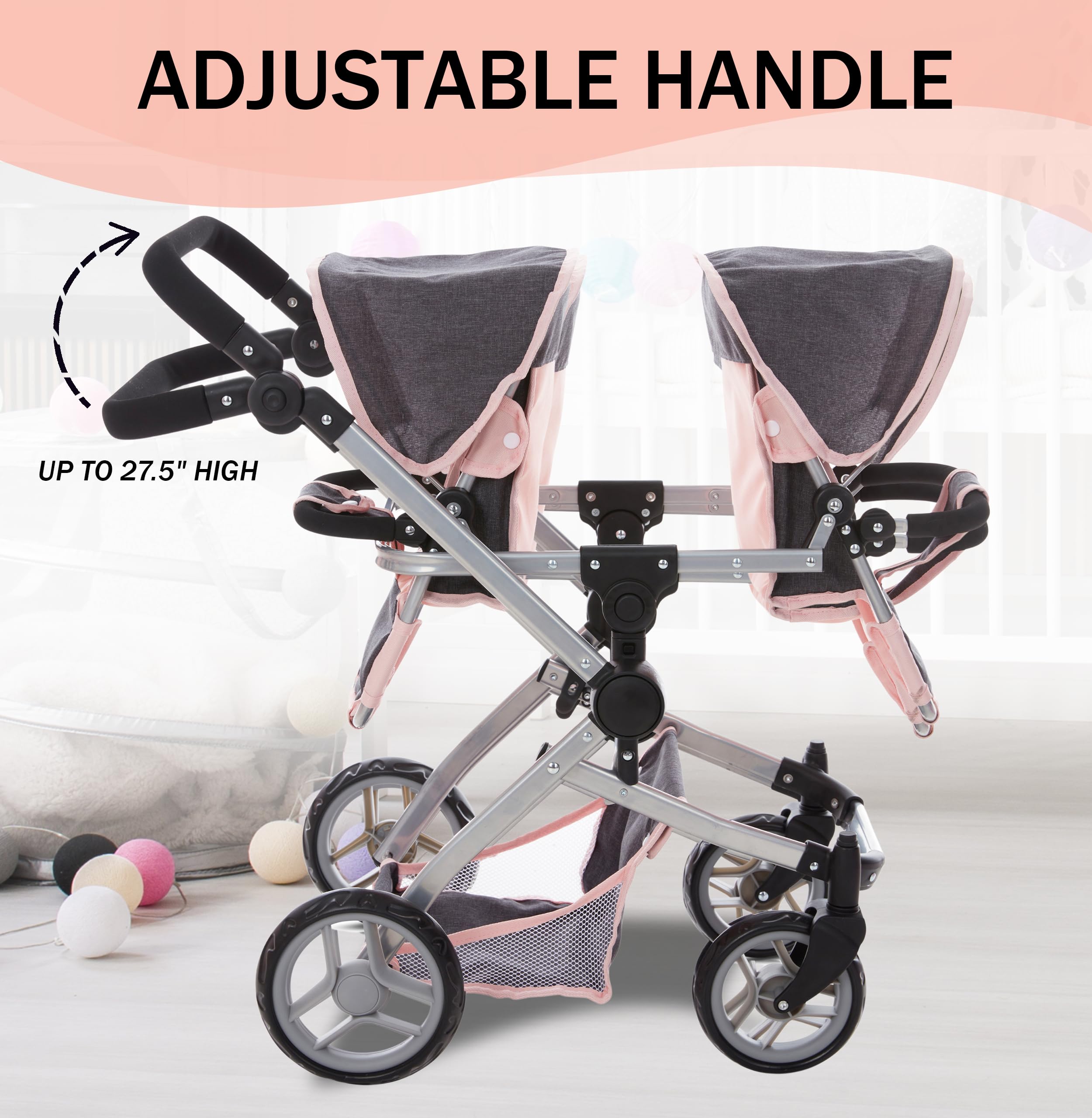 Dolls To Play adjustable-handle stroller adapts to growing kids during playtime.