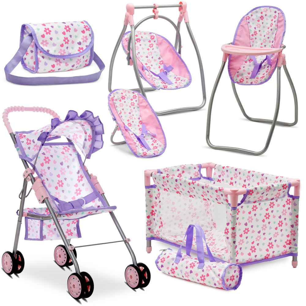 Dolls To Play baby doll stroller bed and swing playset with convertible seat for versatile pretend play