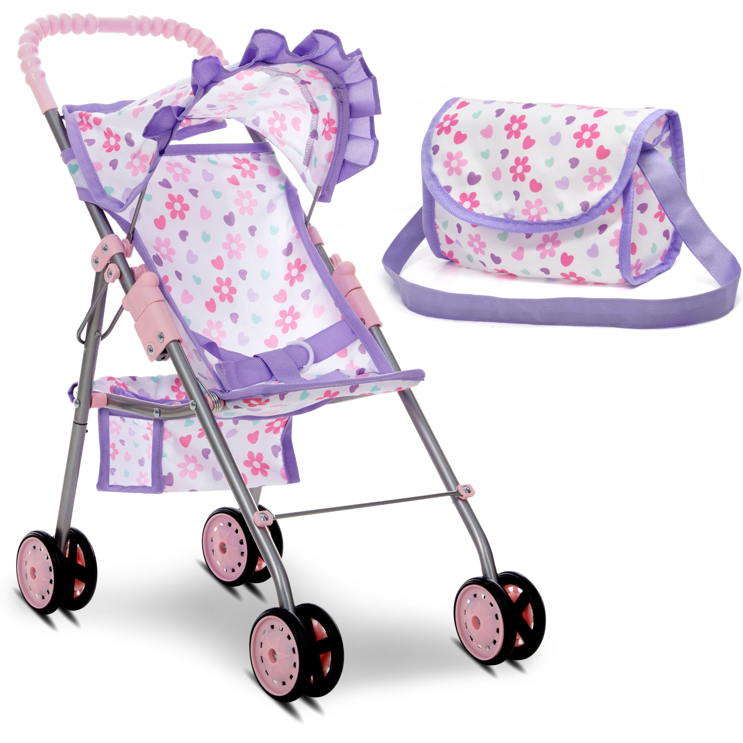 Dolls To Play baby doll stroller with purple canopy for realistic role play and imaginative fun.