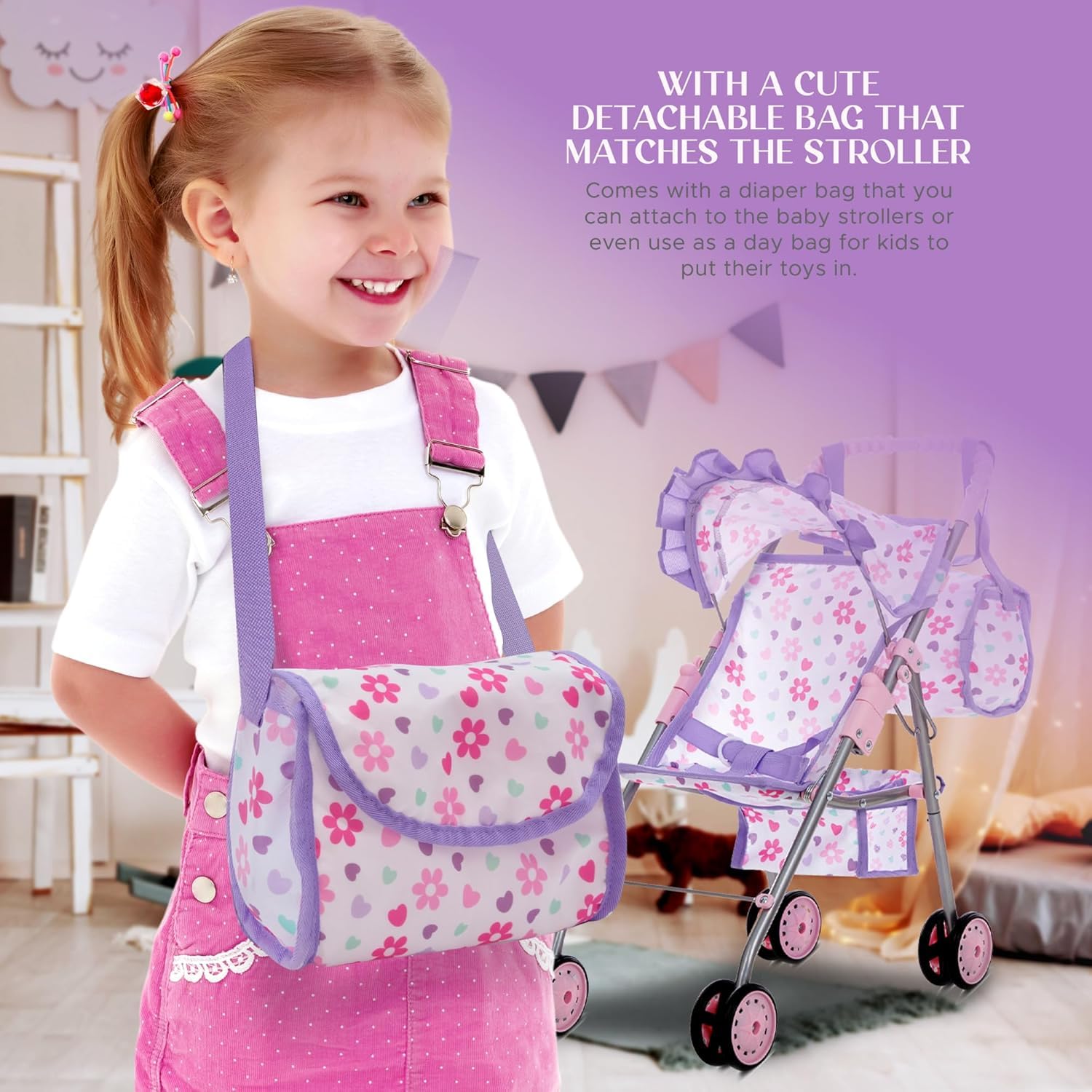 Dolls To Play doll stroller with safety straps promotes secure role-play
