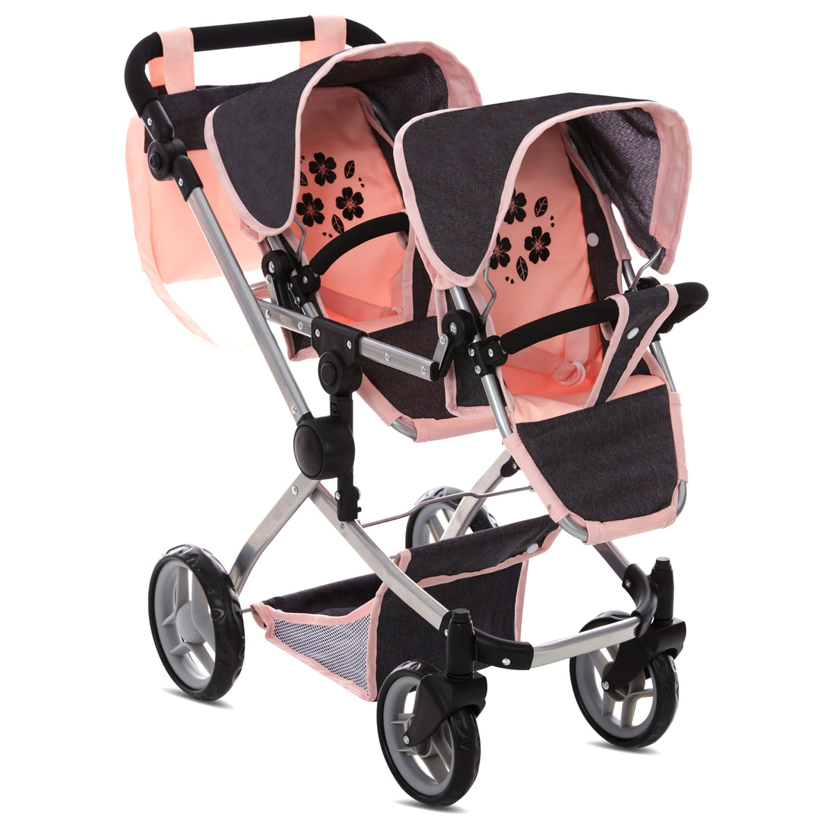 Dolls To Play face-to-face double stroller supports twins for imaginative play.