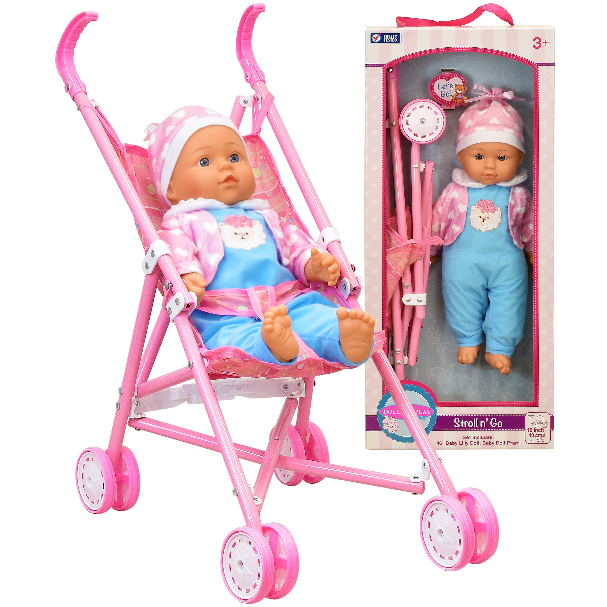 Dolls To Play first baby doll stroller set ready for imaginative push-along play.