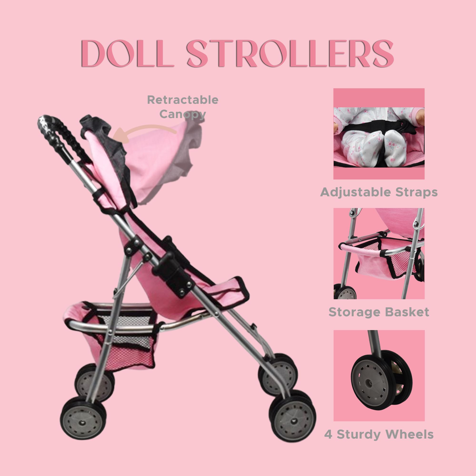 Dolls To Play foldable frame stroller for compact, portable play