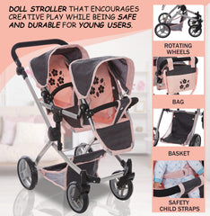Dolls To Play forward-facing double stroller encourages active interaction during pretend outings.