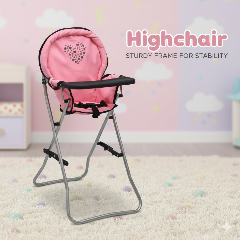 Dolls To Play high chair with pink heart seat, perfect for nurturing pretend meals.
