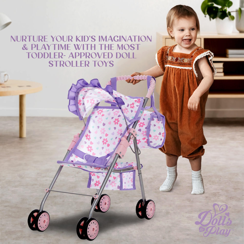 Dolls To Play outdoor play scenario with child pushing the purple stroller.